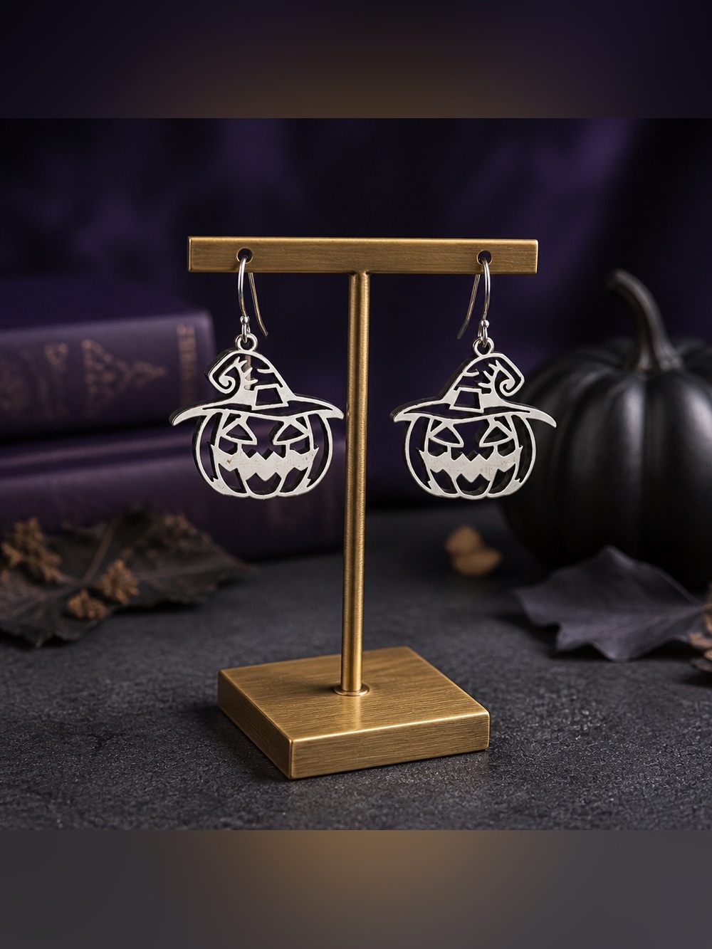 Silver Pumpkin Witch Hat Dangle Earrings -  Hypoallergenic Hooks -  Halloween